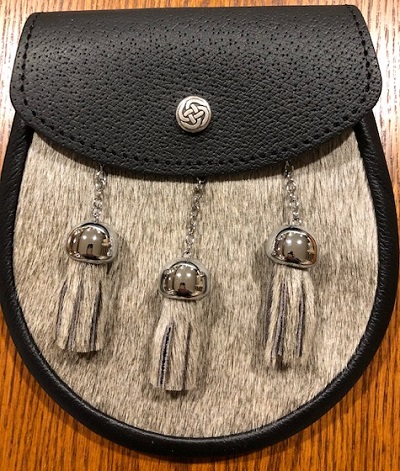 Semi Dress #1, Leather Sporran with Celtic Knot Snap and Grey Bovine Front (IN STOCK) Semi Dress #1, Leather Sporran with Celtic Knot Snap and Grey Bovine Front (IN STOCK)