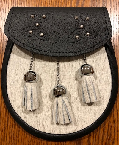 Semi-Dress #3, Leather Sporran with Celtic Embossed Knots with Gray Bovine Front (IN STOCK) Semi-Dress #3, Leather Sporran with Celtic Embossed Knots with Gray Bovine Front (IN STOCK)